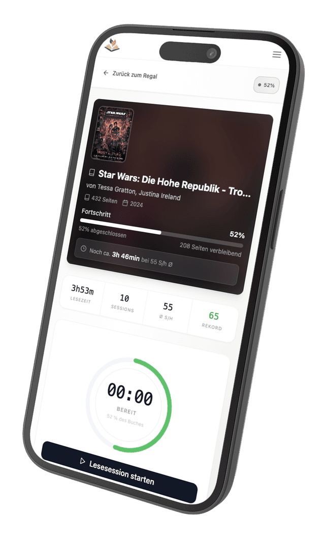 Lesepfad App Screenshot – Lesefortschritt mit Seitenanzahl, Lesezeit und Lesesessions