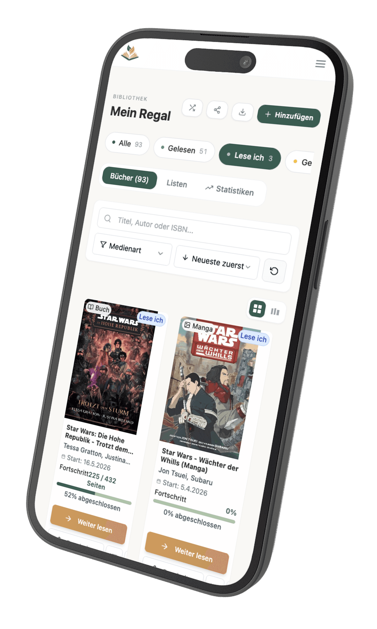 Buchsammlung verwalten – Lesepfad App Lesepfad App Screenshot – Buchbibliothek mit Buchsammlung, Lesefortschritt und Status verwalten
