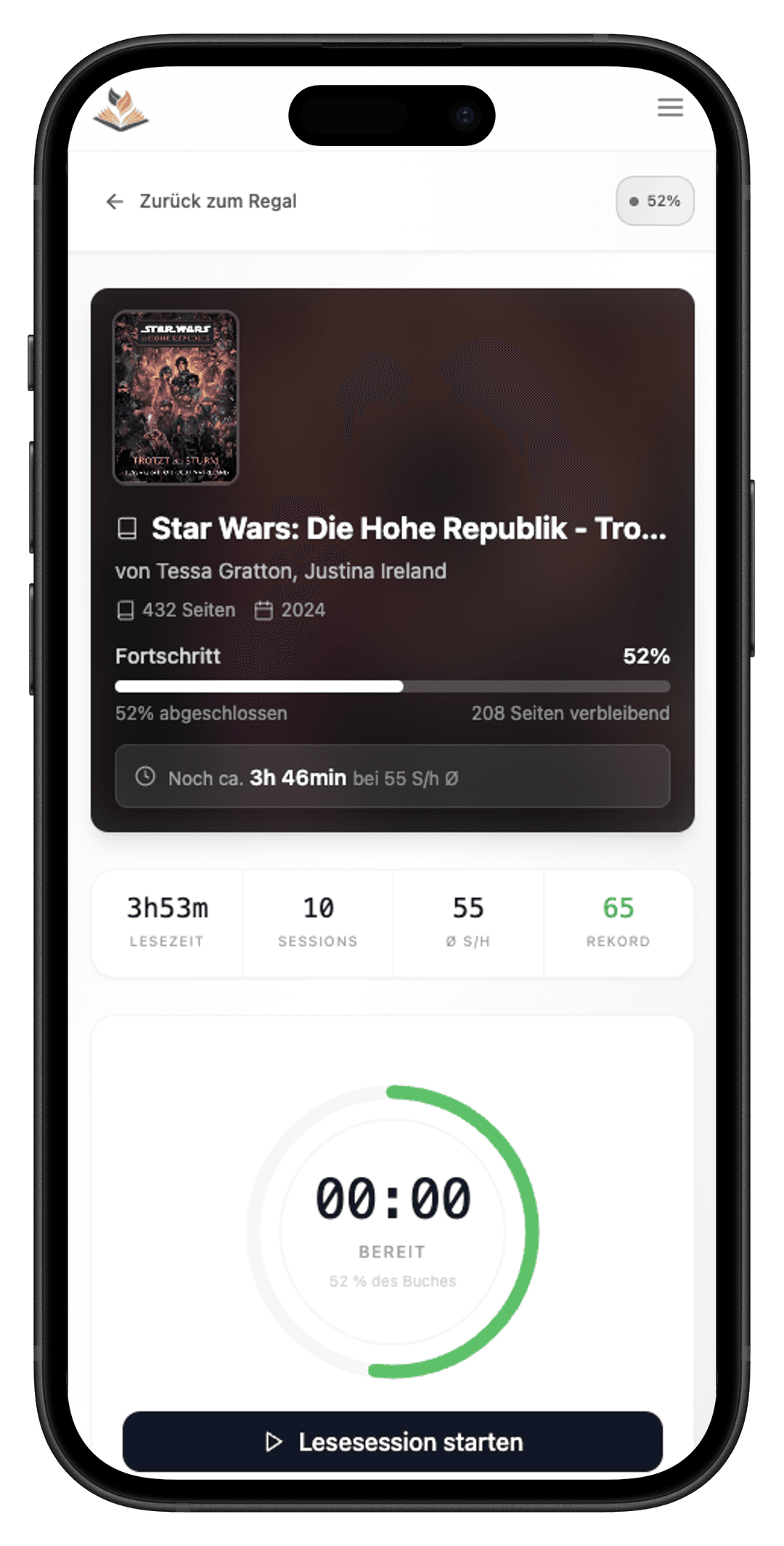 Lesefortschritt verfolgen – Lesepfad App Lesepfad App Screenshot – Lesefortschritt mit Timer, Seitenanzahl und Lesesessions verfolgen
