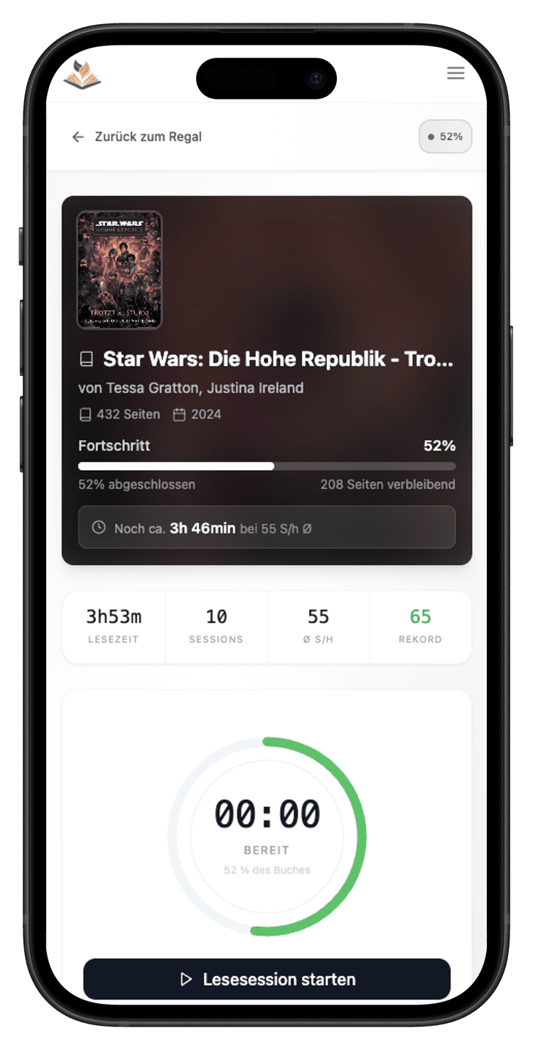 Lesefortschritt verfolgen – Lesepfad App Lesepfad App Screenshot – Lesefortschritt mit Timer, Seitenanzahl und Lesesessions verfolgen