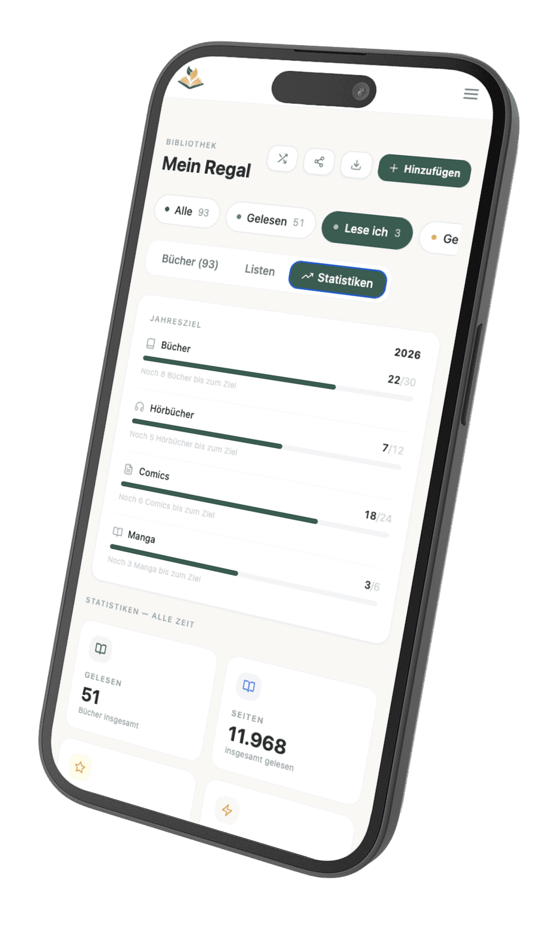 Lesestatistiken und Jahresziele – Lesepfad App Lesepfad App Screenshot – Jahresziele und Lesestatistiken