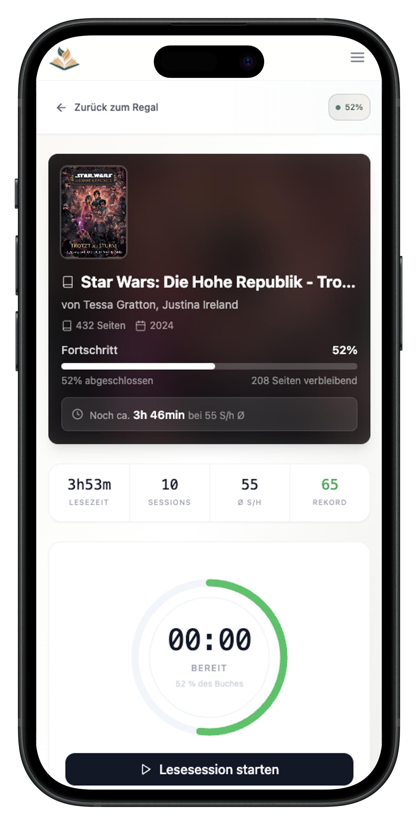 Lesepfad App Screenshot – Lesefortschritt mit Timer, Seitenanzahl und Lesesessions verfolgen
