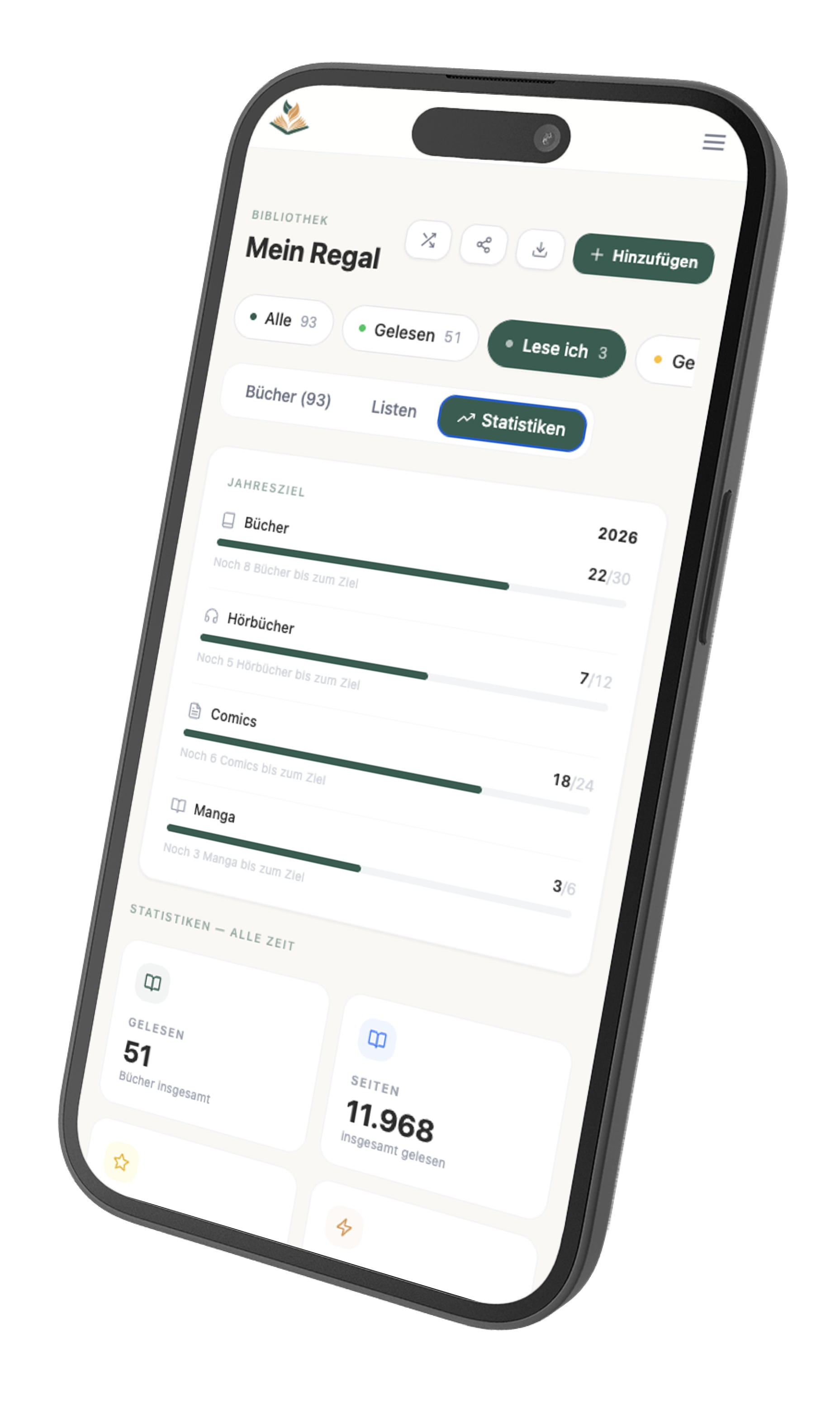 Lesepfad App Screenshot – Jahresziel und Lesestatistiken mit gelesenen Büchern, Seiten und Bewertungen